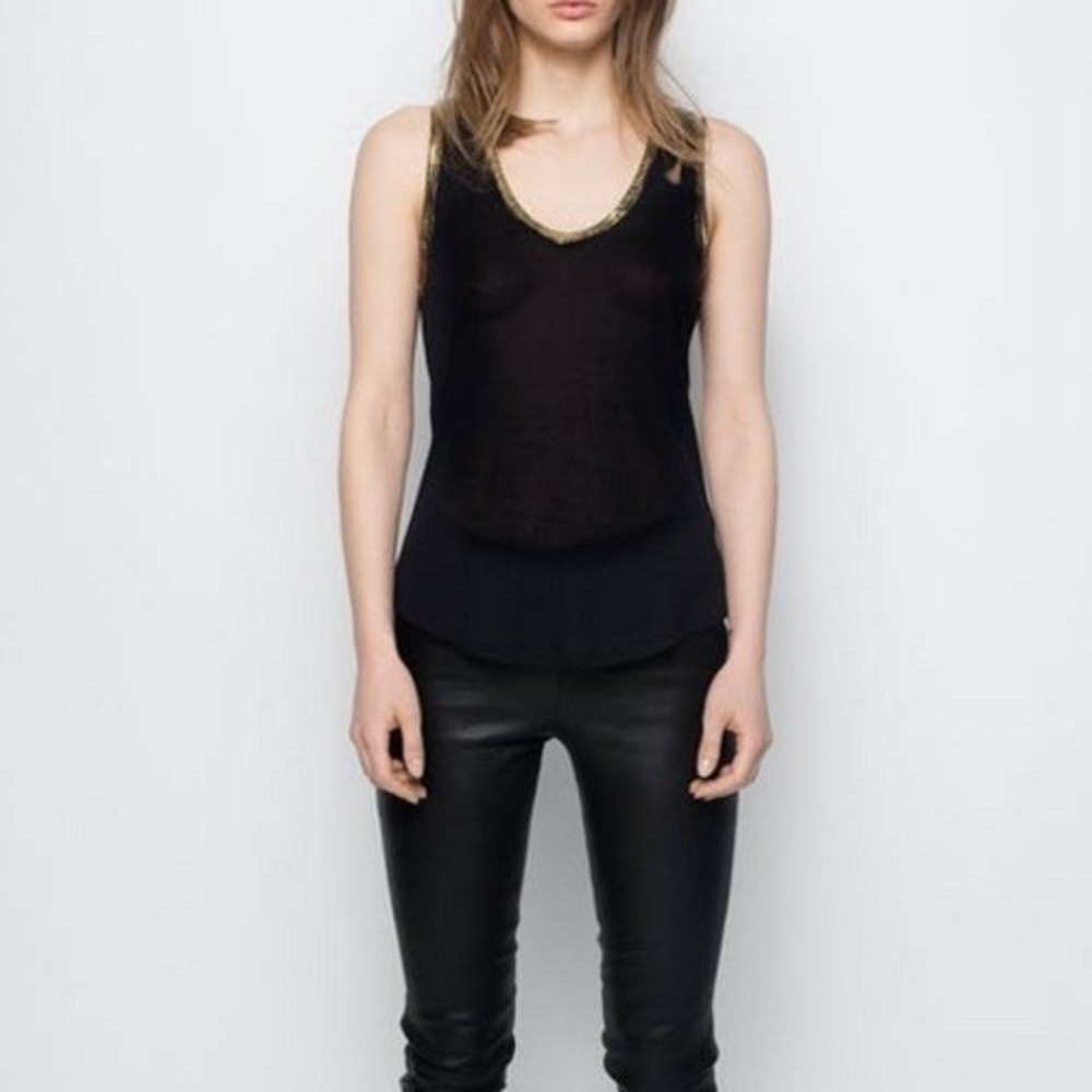 Zadig & Voltaire Modal Tank Black Gold Foil Trim Sleeveless Designer Blouse S
